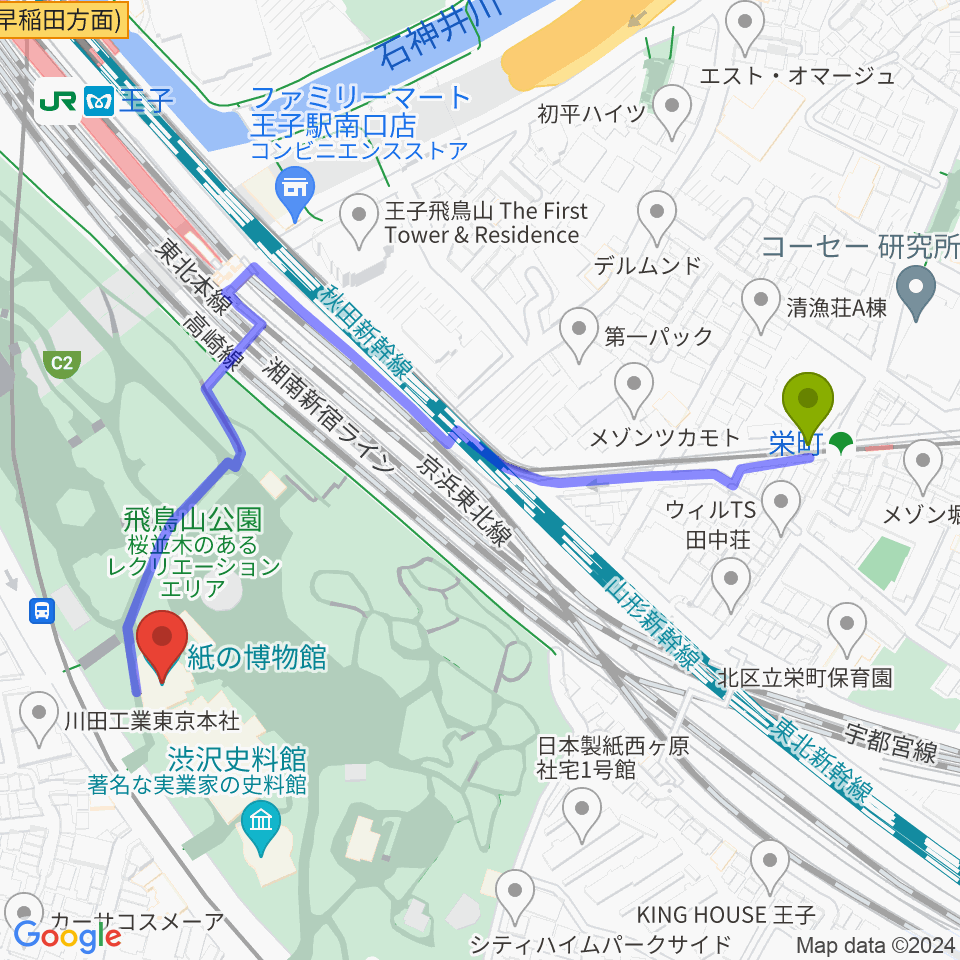 栄町駅から紙の博物館へのルートマップ地図