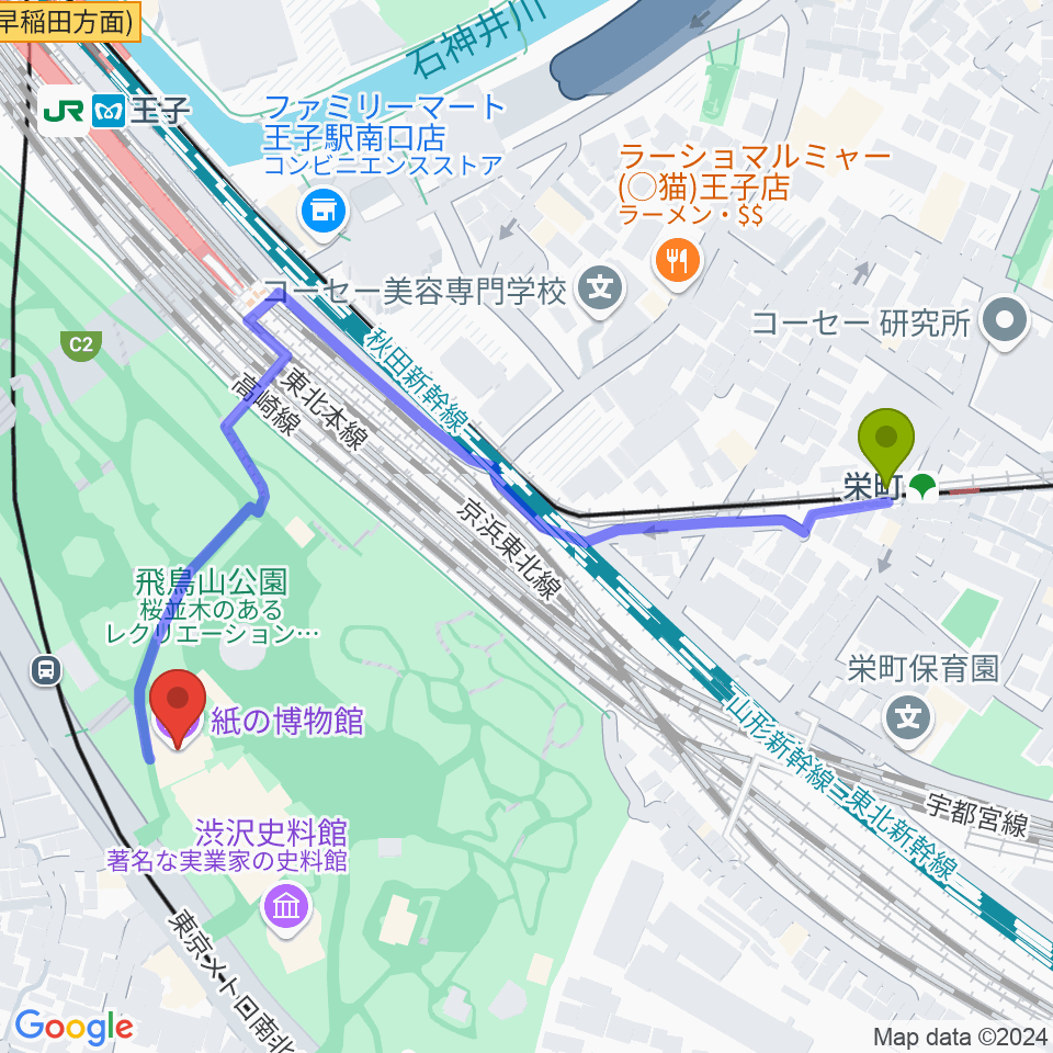 栄町駅から紙の博物館へのルートマップ地図