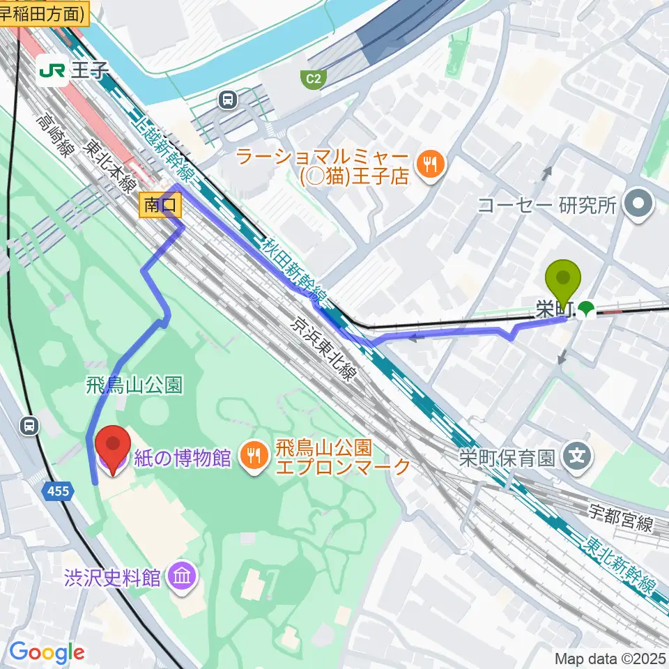 栄町駅から紙の博物館へのルートマップ地図