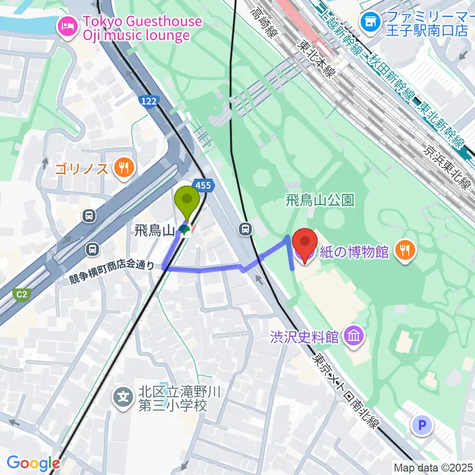 紙の博物館の最寄駅飛鳥山駅からの徒歩ルート（約2分）地図