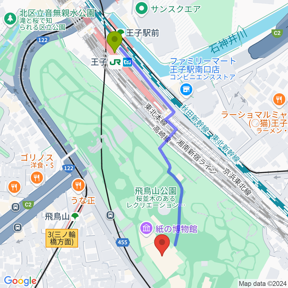 王子駅から北区飛鳥山博物館へのルートマップ地図