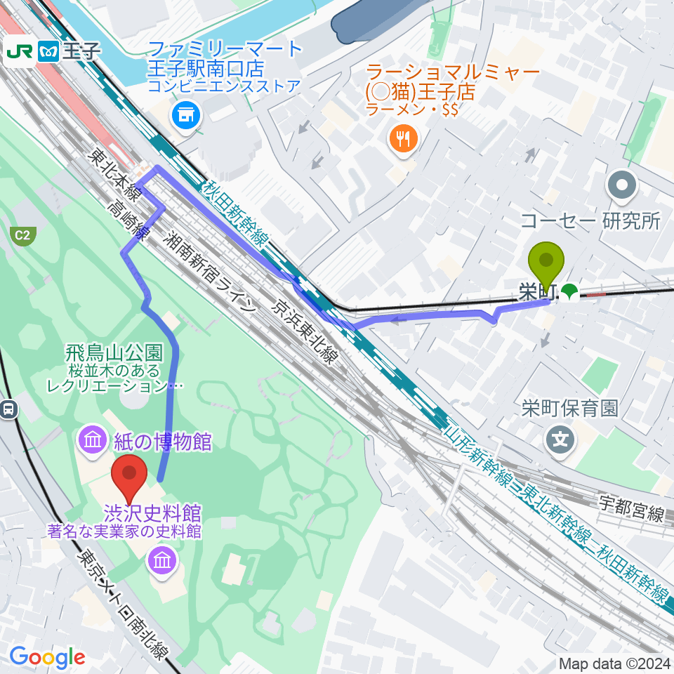 栄町駅から北区飛鳥山博物館へのルートマップ地図