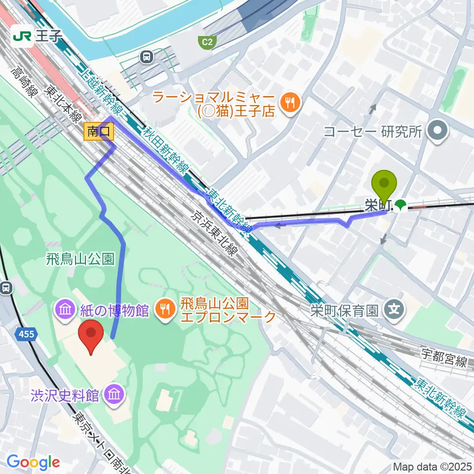 栄町駅から北区飛鳥山博物館へのルートマップ地図