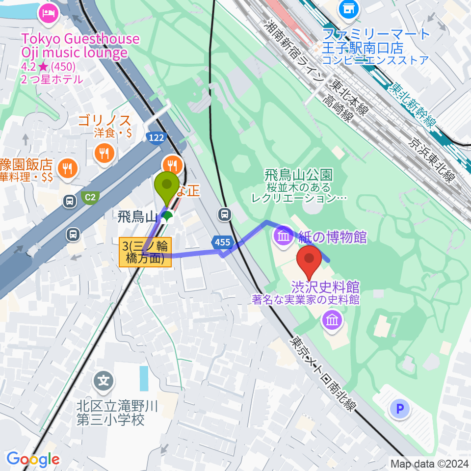 北区飛鳥山博物館の最寄駅飛鳥山駅からの徒歩ルート（約3分）地図