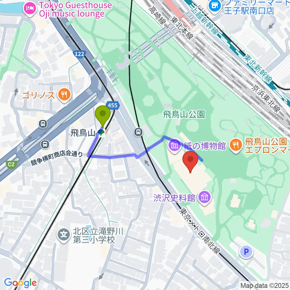北区飛鳥山博物館の最寄駅飛鳥山駅からの徒歩ルート（約3分）地図