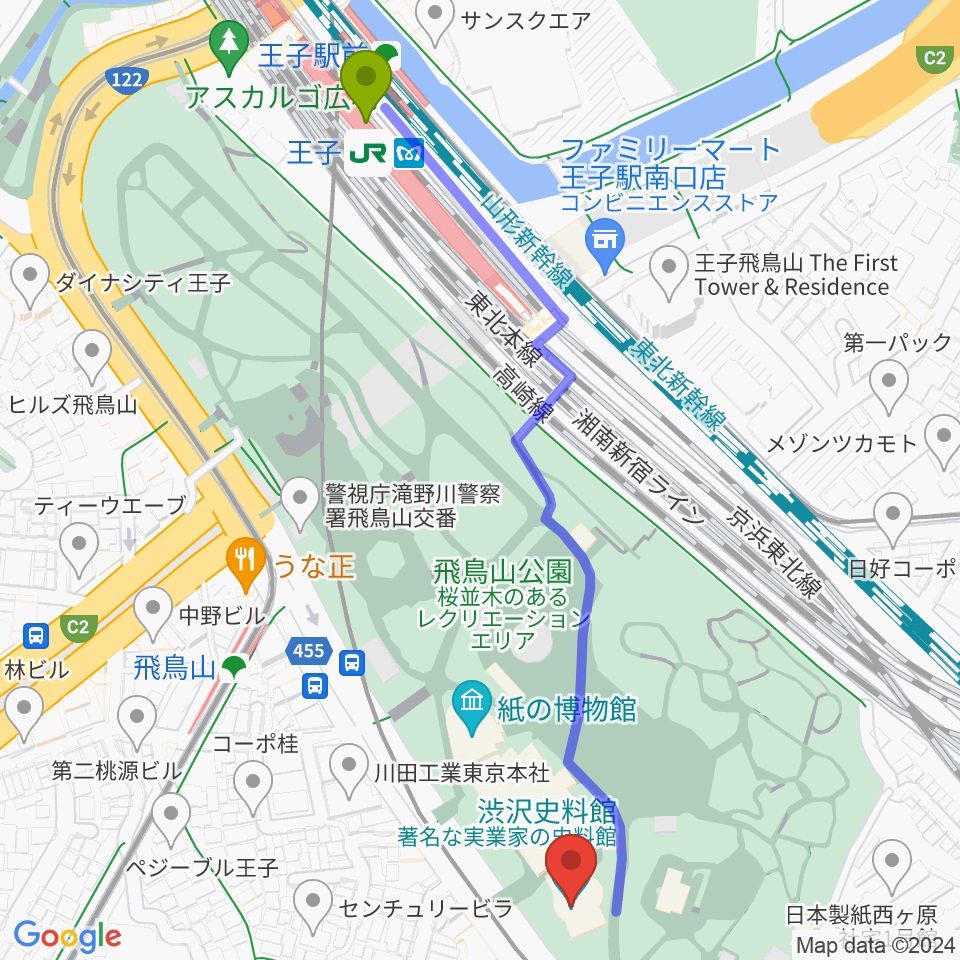 王子駅から渋沢史料館へのルートマップ地図