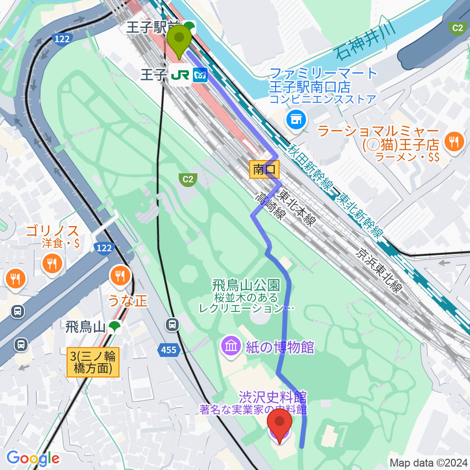 王子駅から渋沢史料館へのルートマップ地図