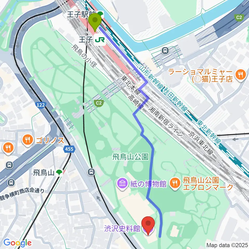 王子駅から渋沢史料館へのルートマップ地図