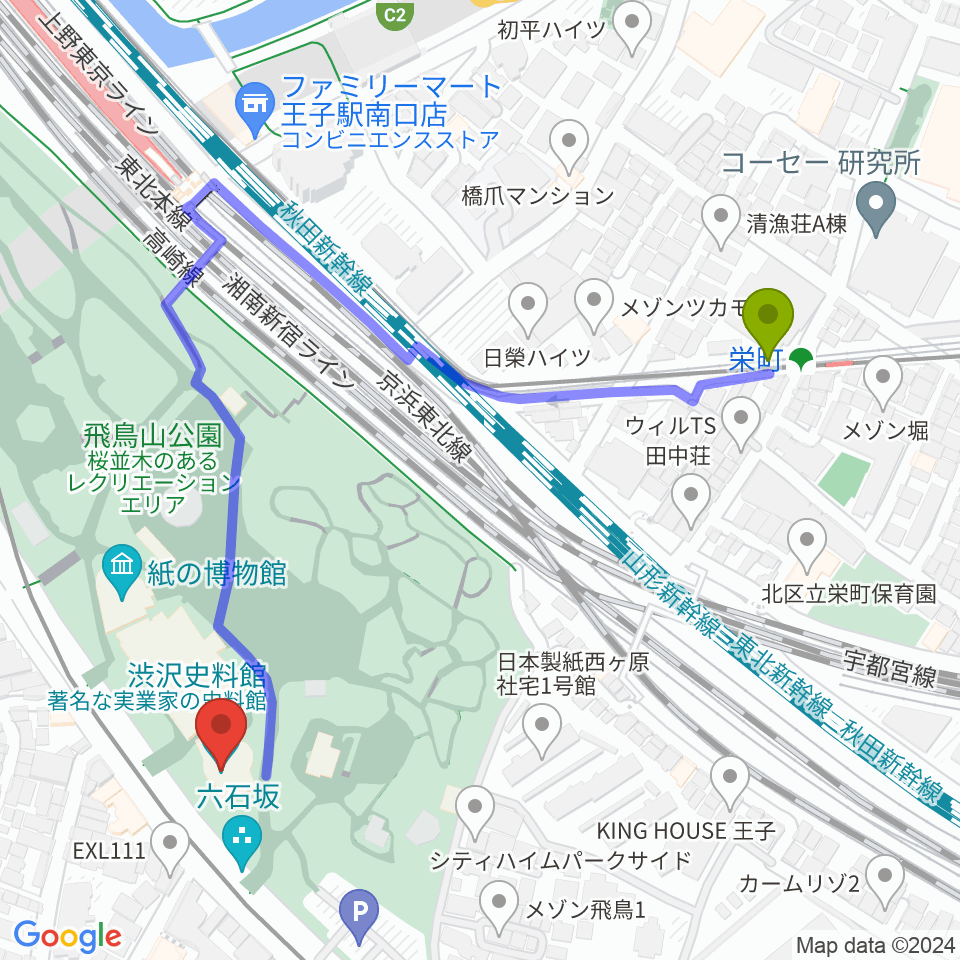栄町駅から渋沢史料館へのルートマップ地図