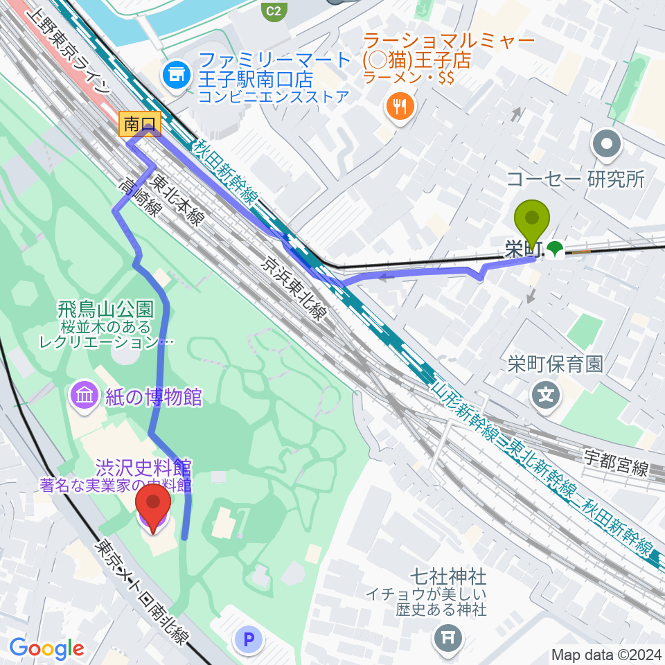栄町駅から渋沢史料館へのルートマップ地図