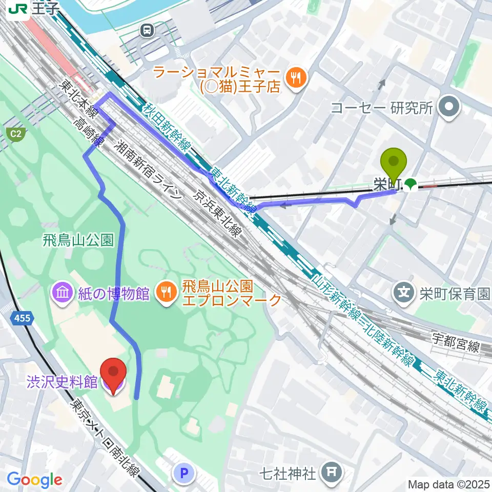 栄町駅から渋沢史料館へのルートマップ地図