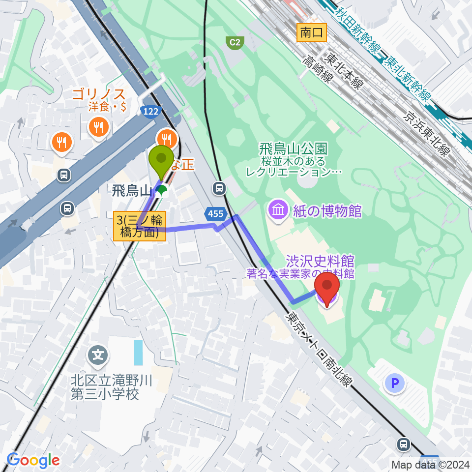 渋沢史料館の最寄駅飛鳥山駅からの徒歩ルート（約3分）地図