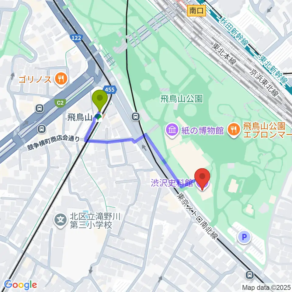 渋沢史料館の最寄駅飛鳥山駅からの徒歩ルート（約3分）地図
