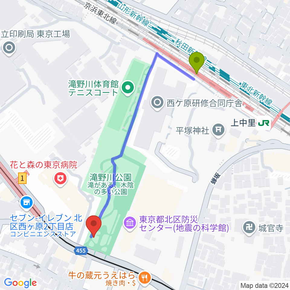 上中里駅から地震の科学館へのルートマップ地図