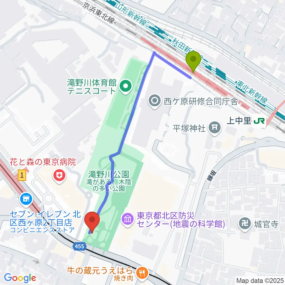 上中里駅から地震の科学館へのルートマップ地図