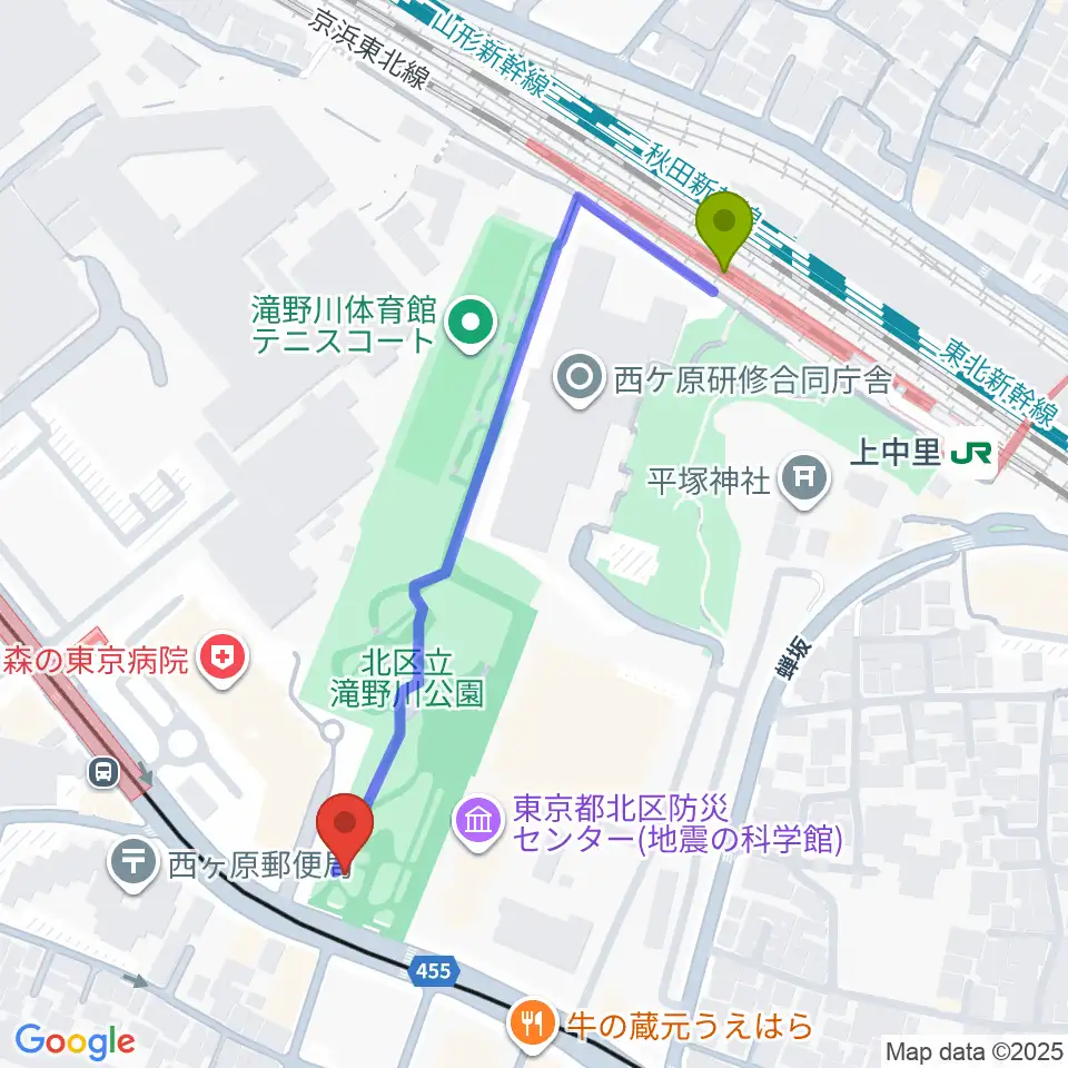 上中里駅から地震の科学館へのルートマップ地図