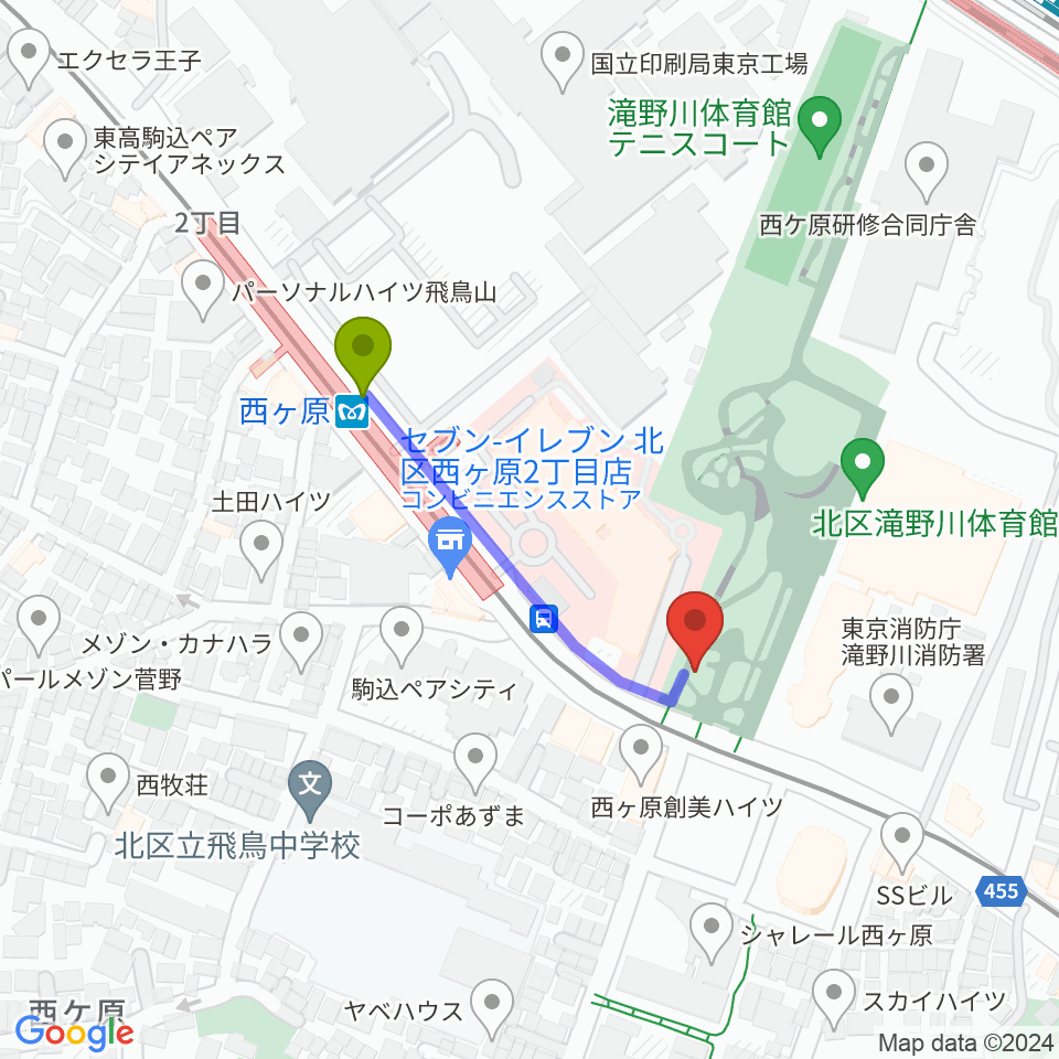 地震の科学館の最寄駅西ケ原駅からの徒歩ルート（約3分）地図
