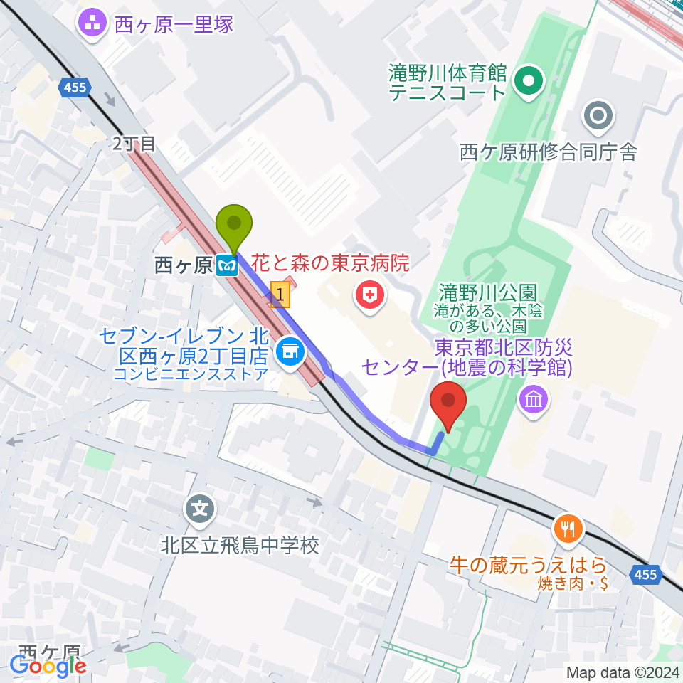 地震の科学館の最寄駅西ケ原駅からの徒歩ルート（約3分）地図