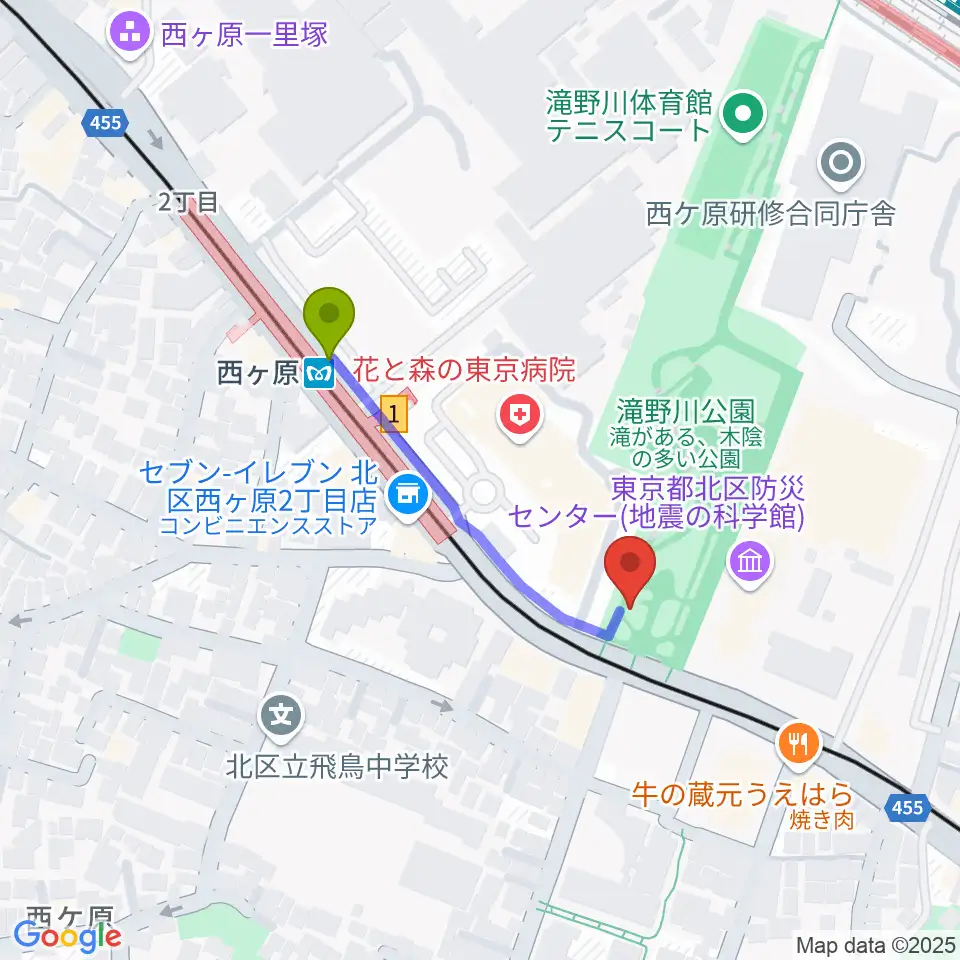 地震の科学館の最寄駅西ケ原駅からの徒歩ルート（約3分）地図