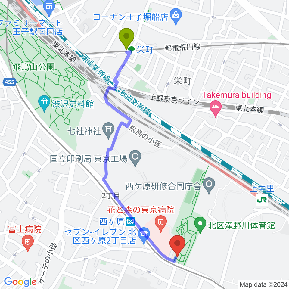 栄町駅から地震の科学館へのルートマップ地図