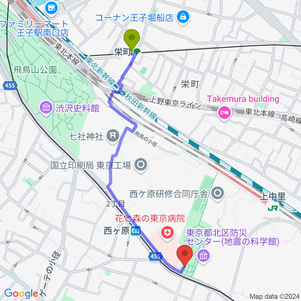 栄町駅から地震の科学館へのルートマップ地図