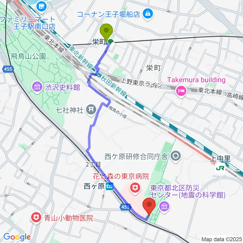 栄町駅から地震の科学館へのルートマップ地図