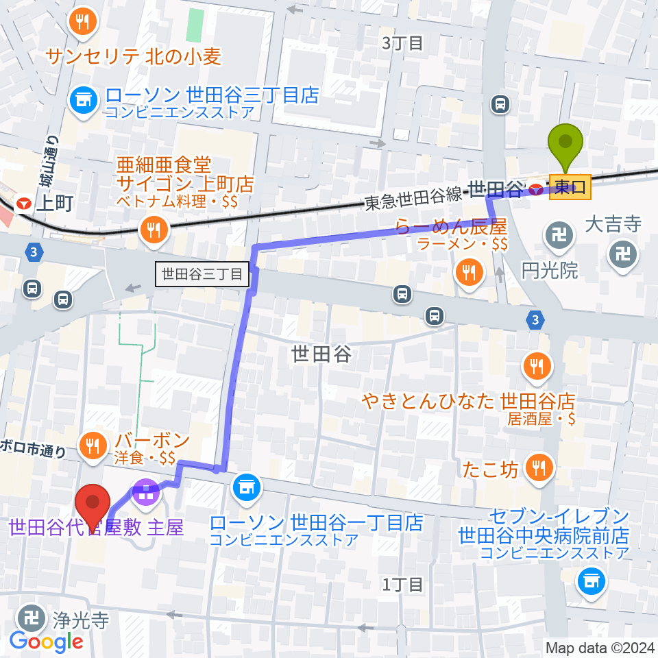 世田谷駅から世田谷区立郷土資料館へのルートマップ地図