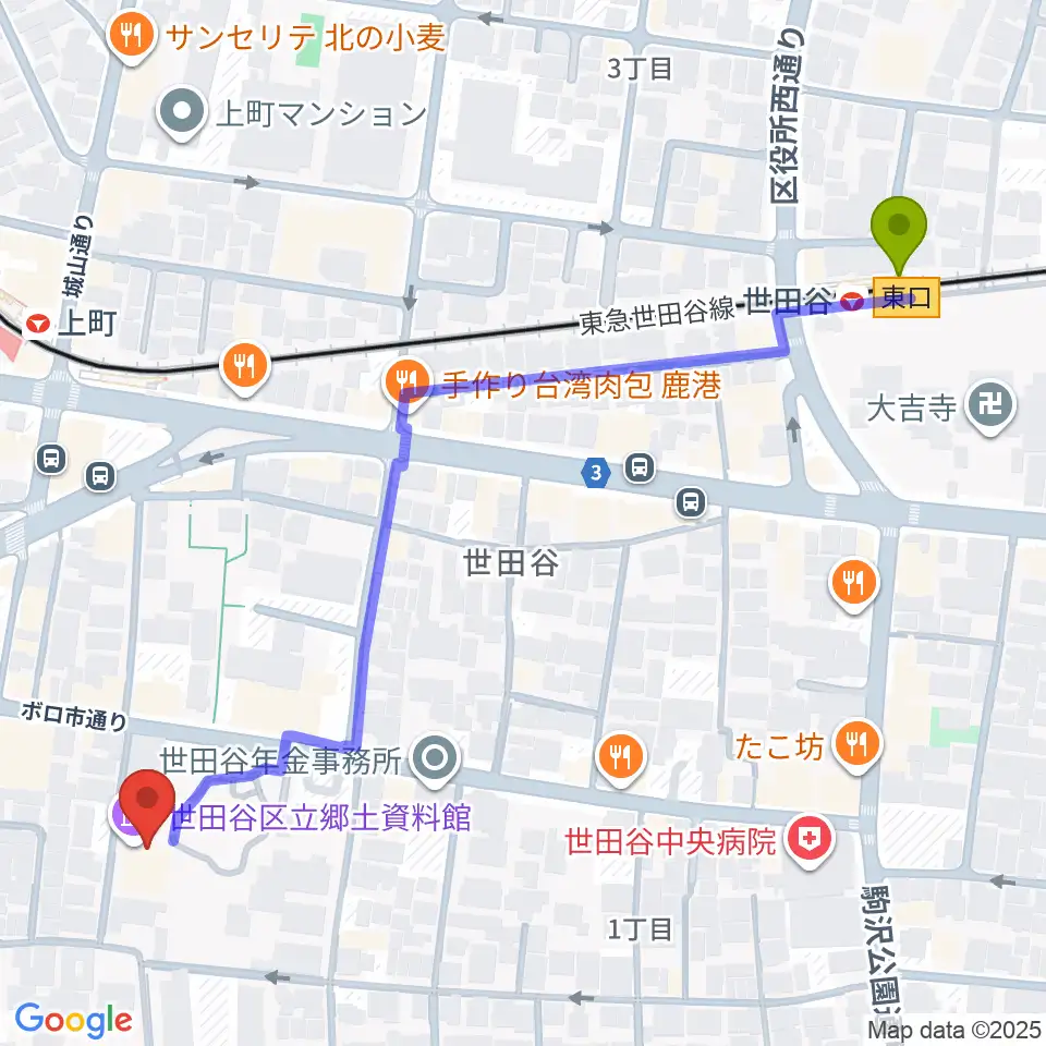 世田谷駅から世田谷区立郷土資料館へのルートマップ地図