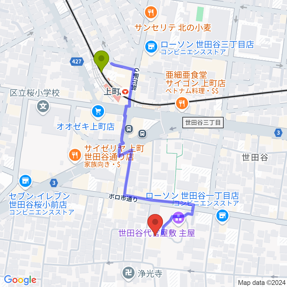 世田谷区立郷土資料館の最寄駅上町駅からの徒歩ルート（約5分）地図