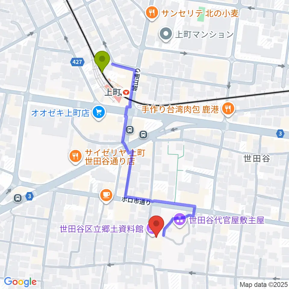 世田谷区立郷土資料館の最寄駅上町駅からの徒歩ルート（約5分）地図
