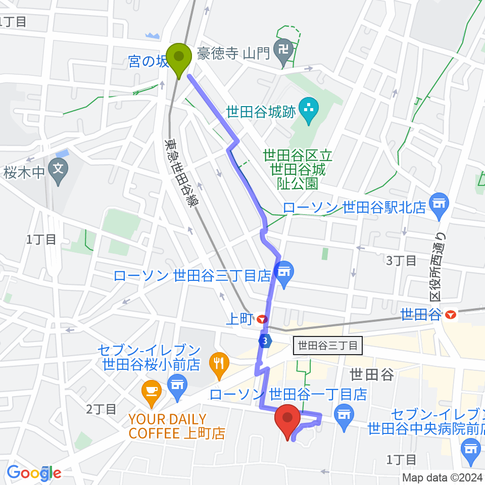 宮の坂駅から世田谷区立郷土資料館へのルートマップ地図