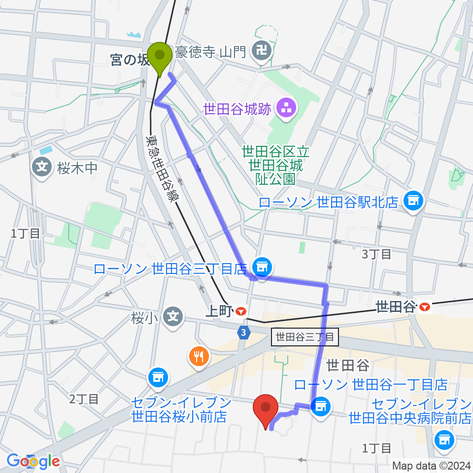 宮の坂駅から世田谷区立郷土資料館へのルートマップ地図