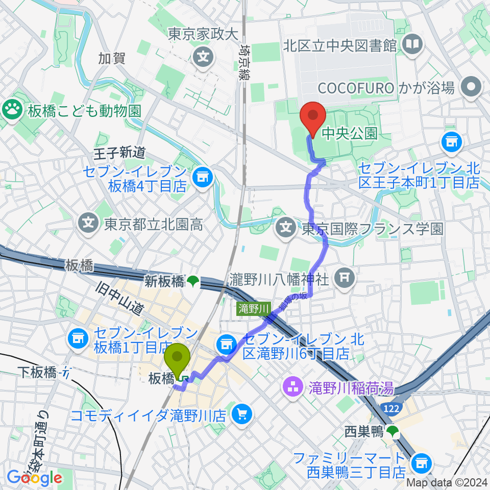 板橋駅から北区中央公園野球場へのルートマップ地図