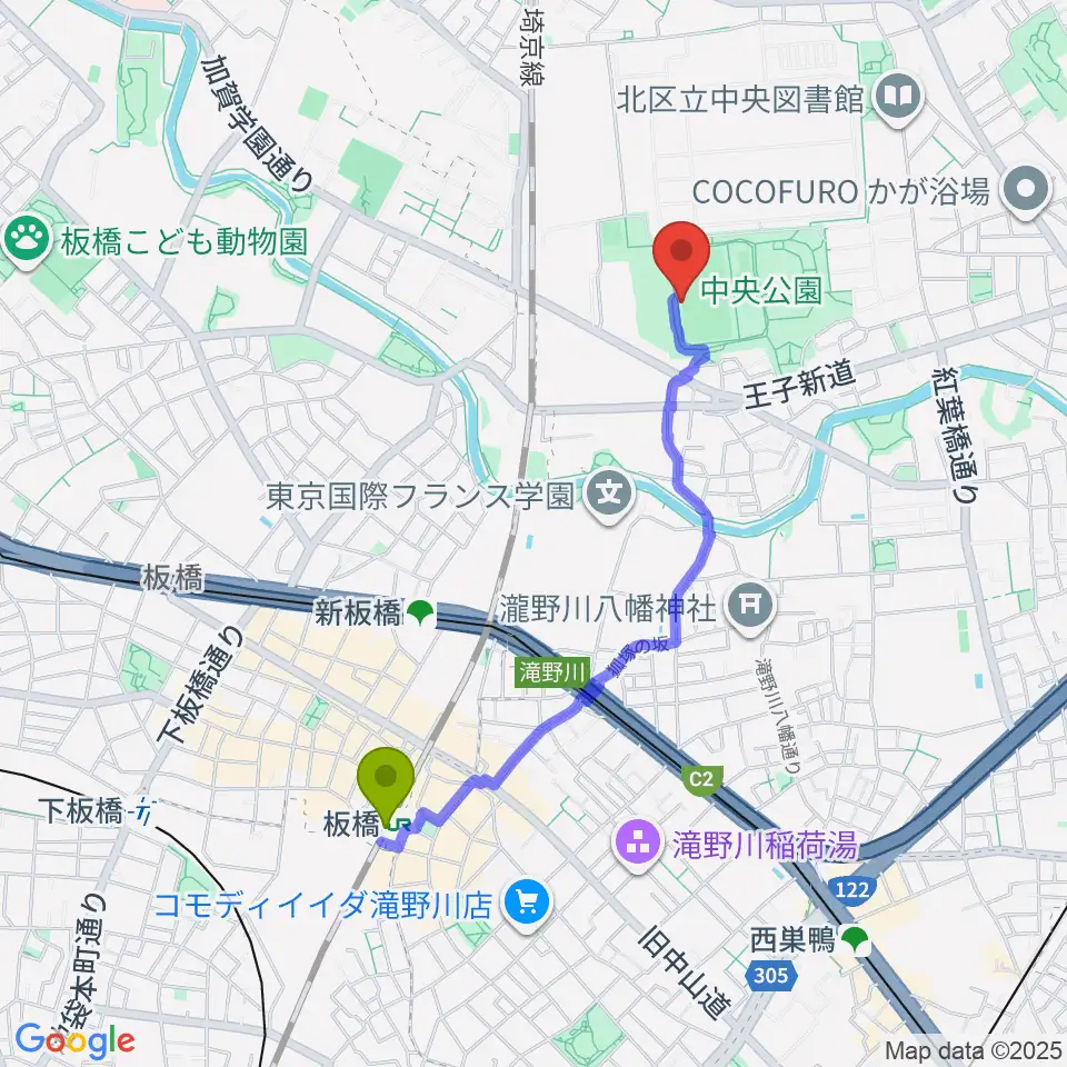 板橋駅から北区中央公園野球場へのルートマップ地図