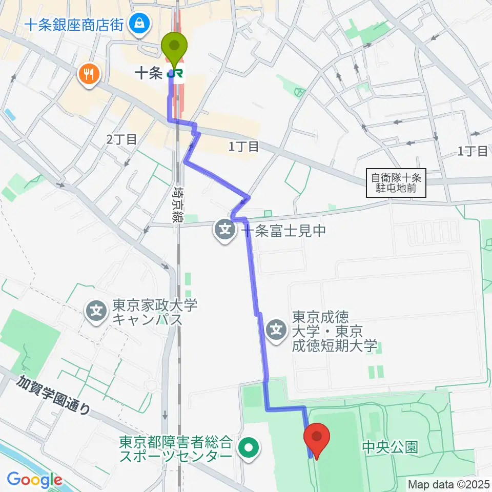 十条駅から北区中央公園野球場へのルートマップ地図