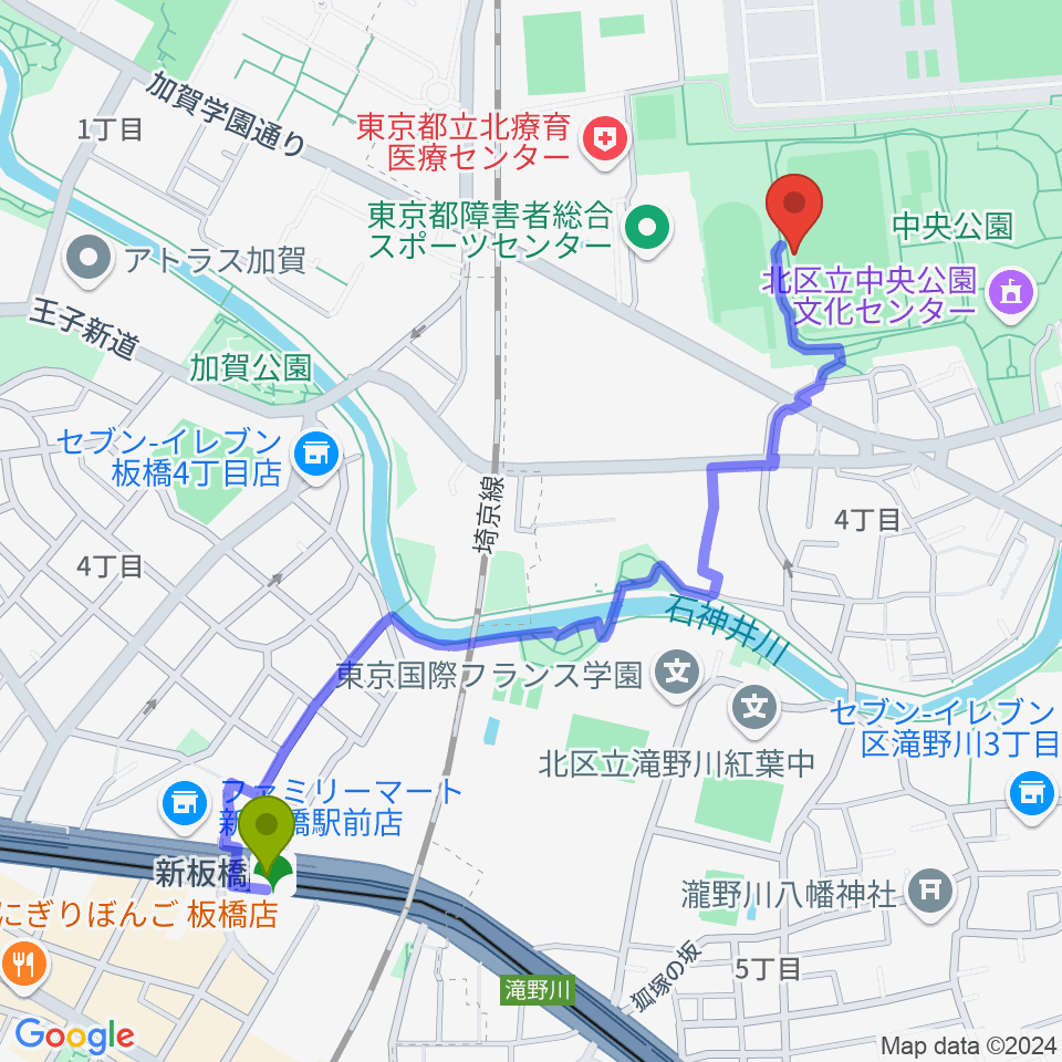北区中央公園野球場の最寄駅新板橋駅からの徒歩ルート（約12分）地図