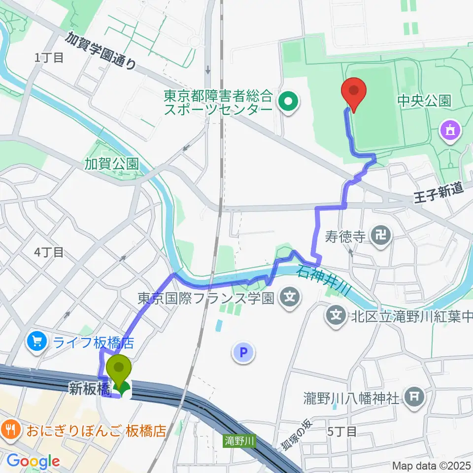 北区中央公園野球場の最寄駅新板橋駅からの徒歩ルート（約12分）地図
