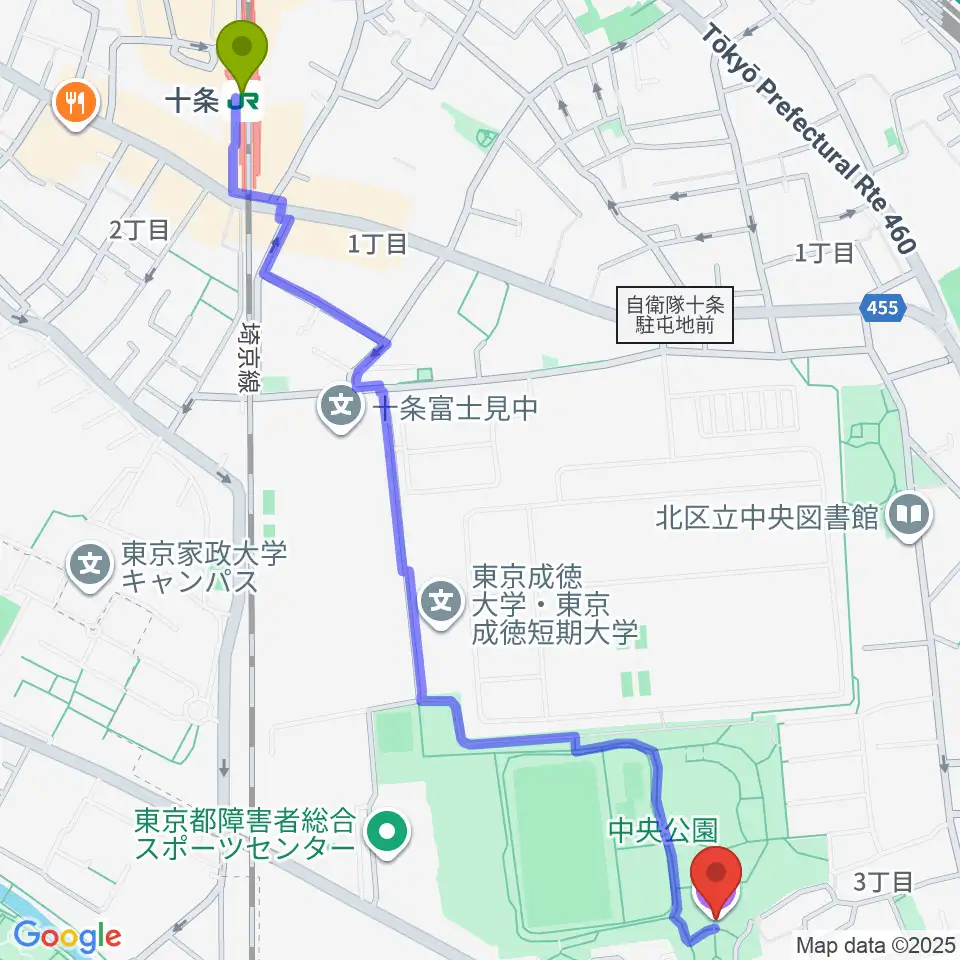 十条駅から北区立中央公園文化センターへのルートマップ地図