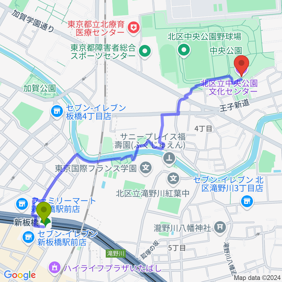 北区立中央公園文化センターの最寄駅新板橋駅からの徒歩ルート（約14分）地図