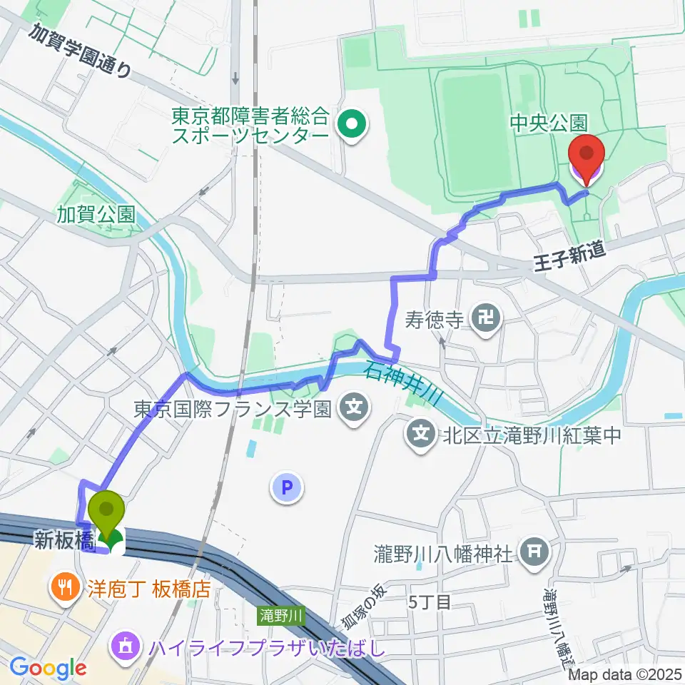 北区立中央公園文化センターの最寄駅新板橋駅からの徒歩ルート（約14分）地図
