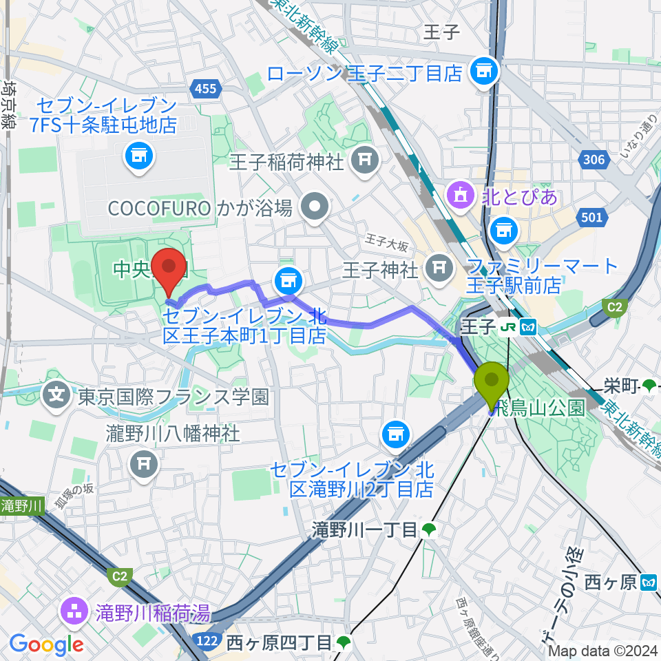 飛鳥山駅から北区立中央公園文化センターへのルートマップ地図