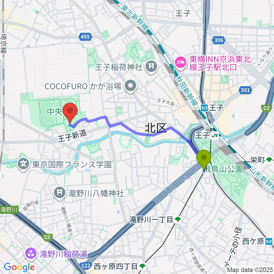 飛鳥山駅から北区立中央公園文化センターへのルートマップ地図