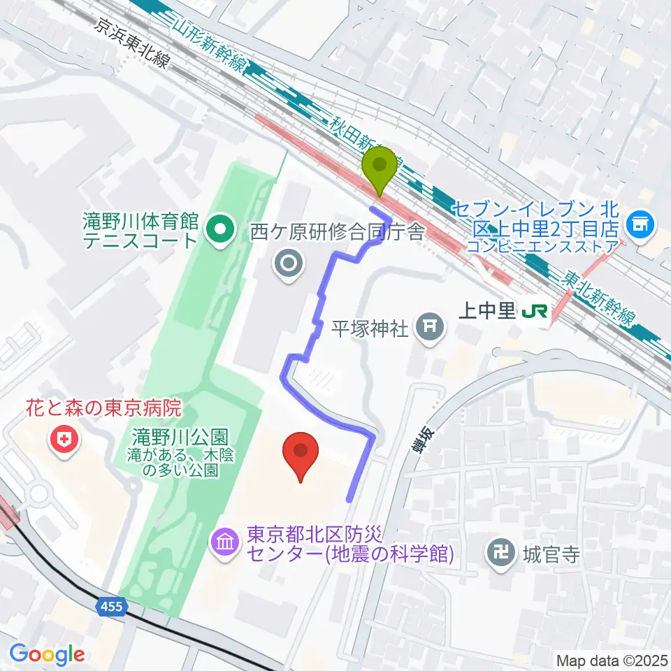 滝野川体育館の最寄駅上中里駅からの徒歩ルート（約3分）地図