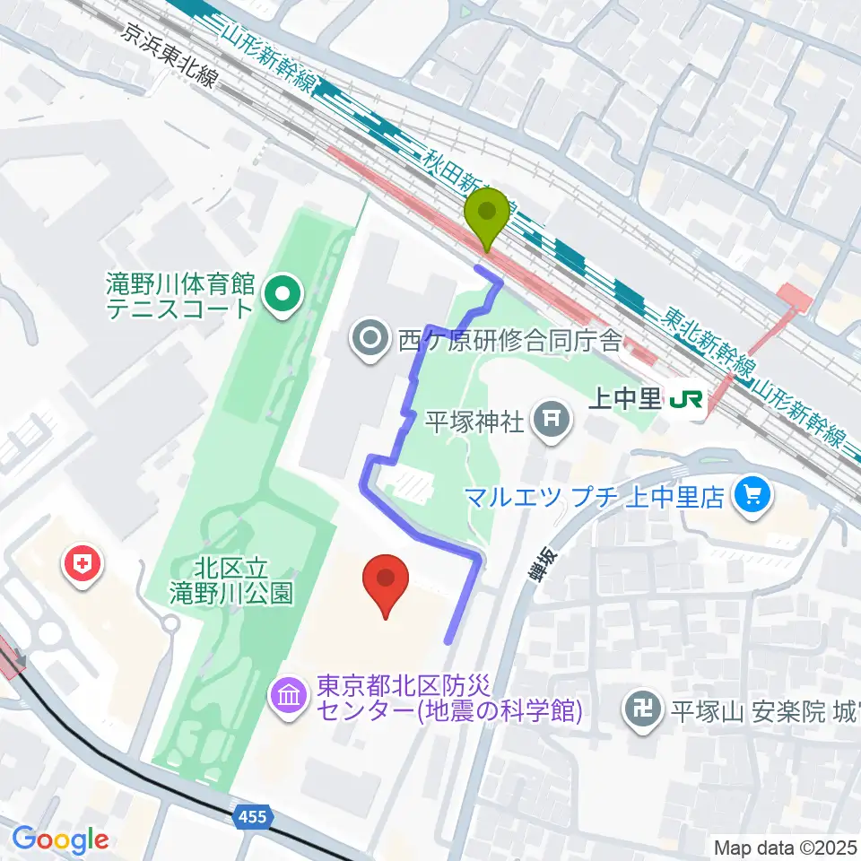 滝野川体育館の最寄駅上中里駅からの徒歩ルート（約3分）地図
