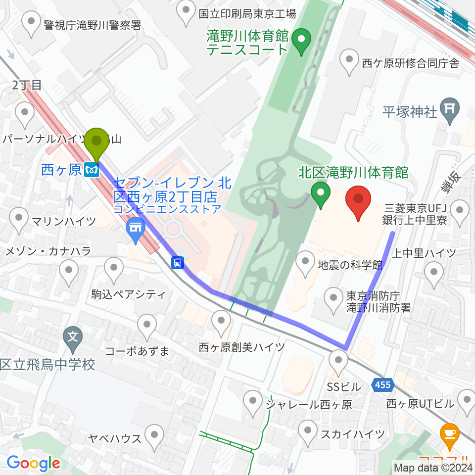 西ケ原駅から滝野川体育館へのルートマップ地図