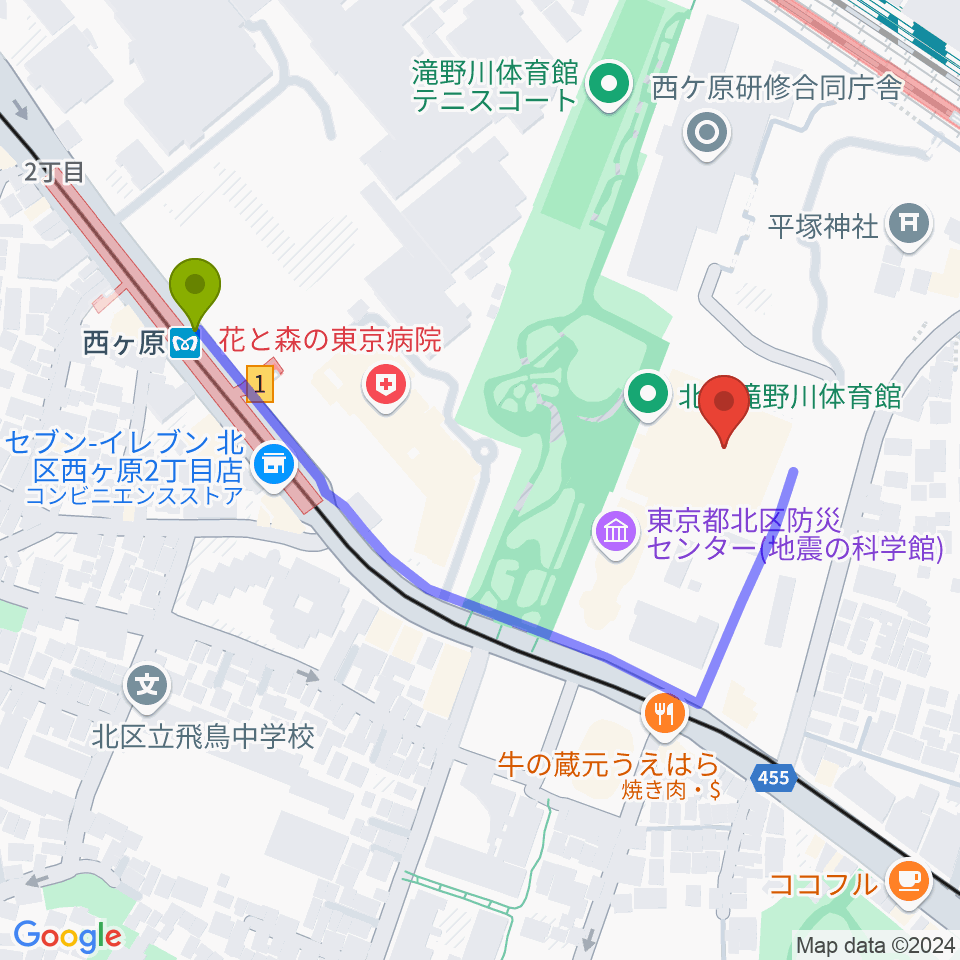 西ケ原駅から滝野川体育館へのルートマップ地図