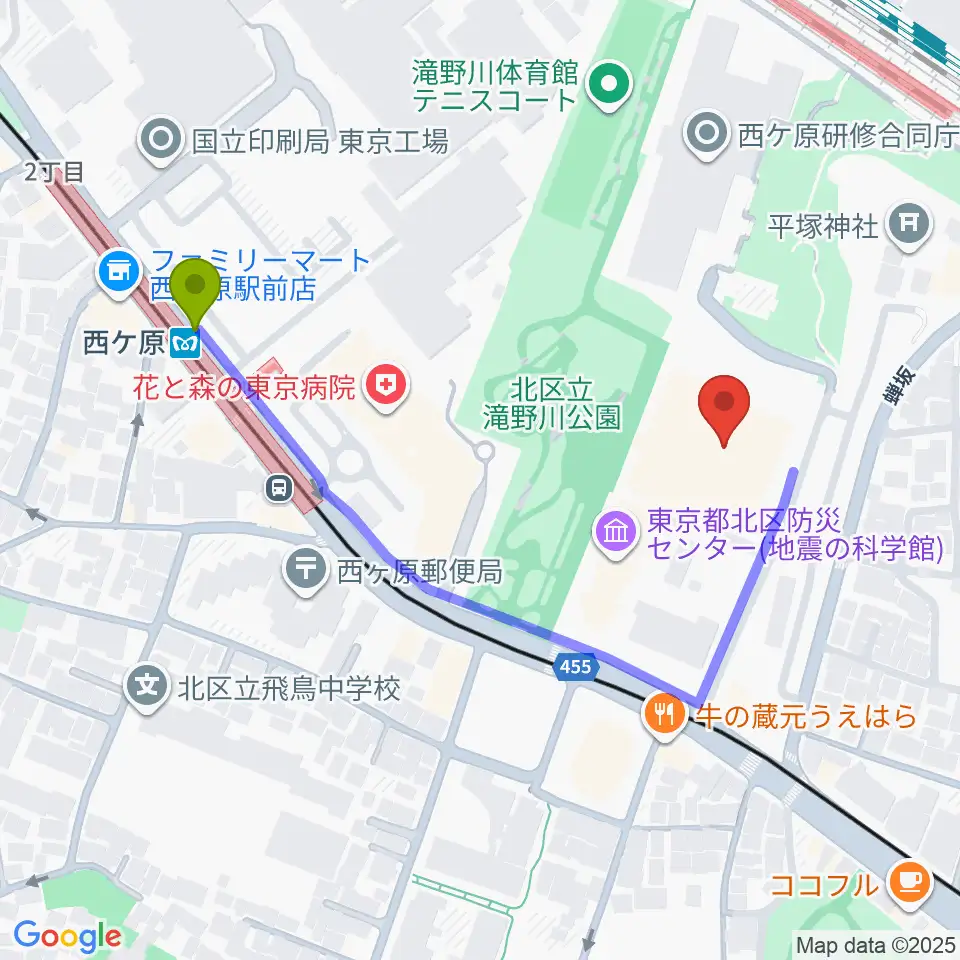 西ケ原駅から滝野川体育館へのルートマップ地図