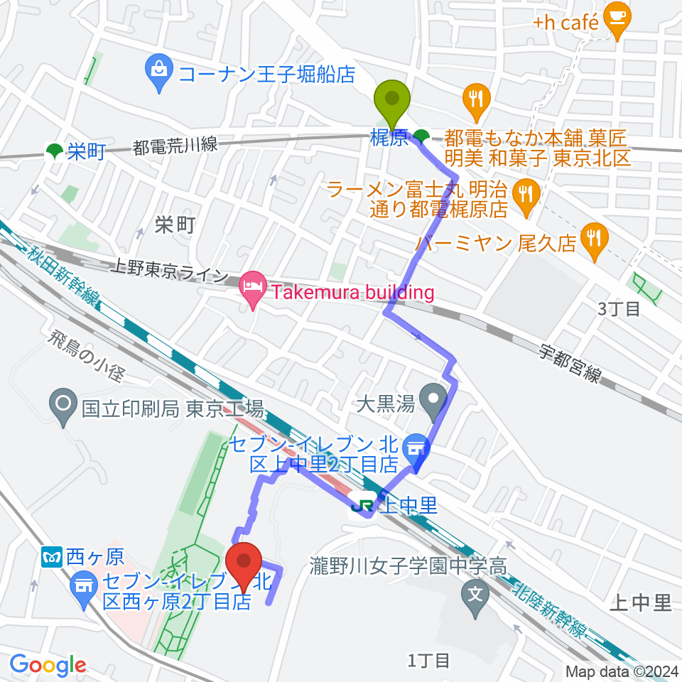 梶原駅から滝野川体育館へのルートマップ地図