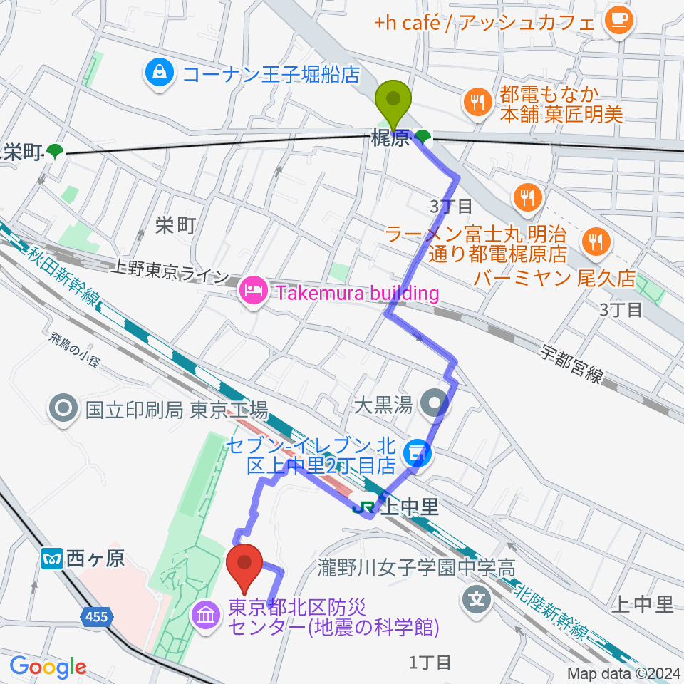 梶原駅から滝野川体育館へのルートマップ地図