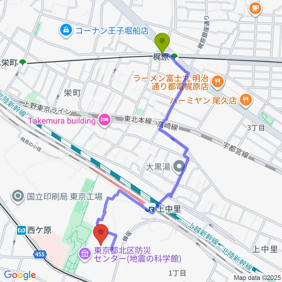 梶原駅から滝野川体育館へのルートマップ地図